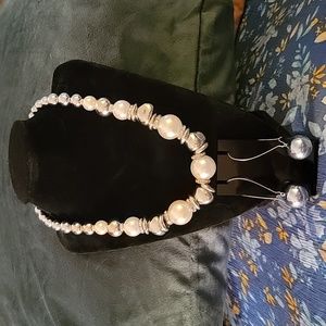 EUC Silvertone and Faux Pearl Necklace with Silvertone Bubble Ball Earrings
